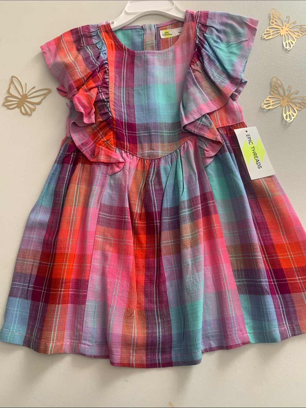 Epic Threads Pink Red Aqua Plaid Ruffle Dress